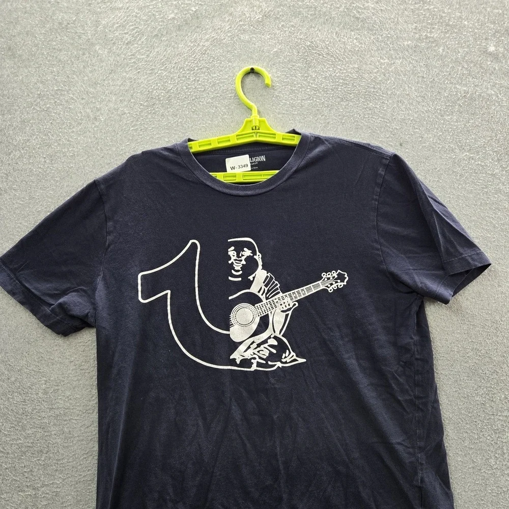 True Religion Men Shirt LARGE Navy Graphic Guitar‎ Print Short Sleeve